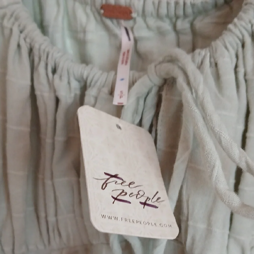 Free People Sage Green Textured Peasant Dress with Tie - Picture 3 of 6